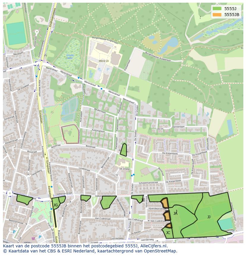 Afbeelding van het postcodegebied 5555 JB op de kaart.