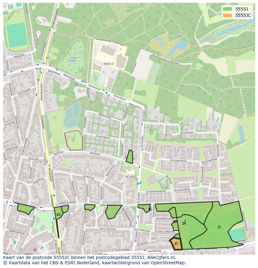 Afbeelding van het postcodegebied 5555 JC op de kaart.