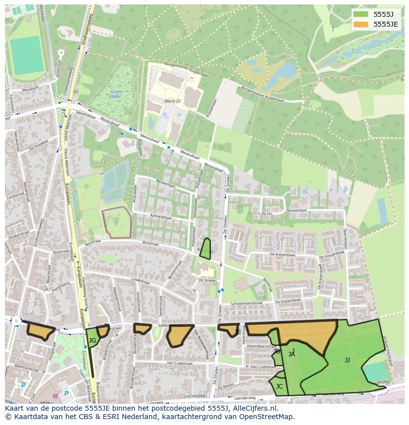 Afbeelding van het postcodegebied 5555 JE op de kaart.