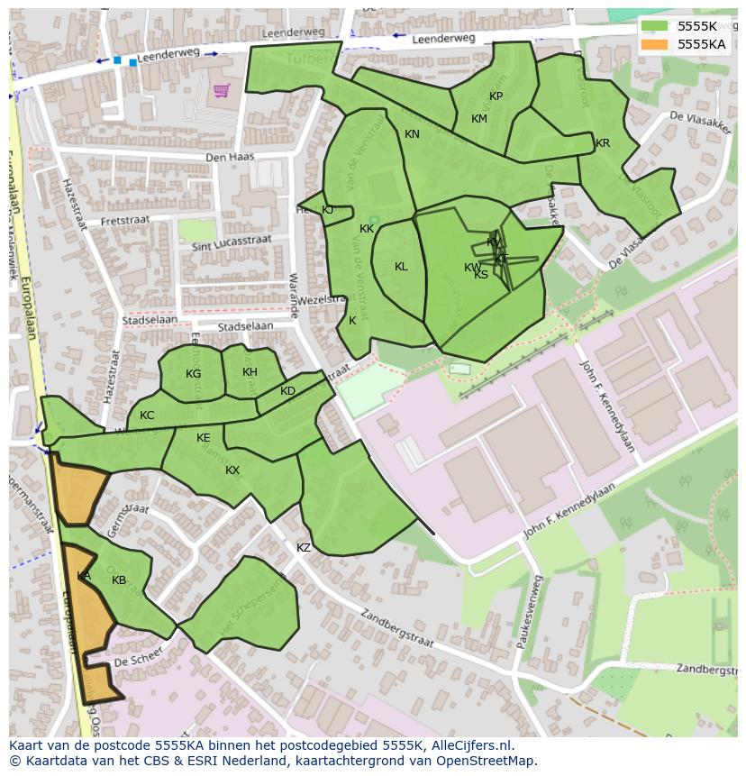 Afbeelding van het postcodegebied 5555 KA op de kaart.