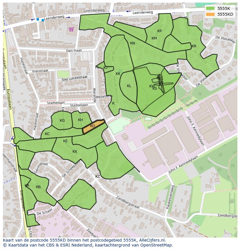 Afbeelding van het postcodegebied 5555 KD op de kaart.