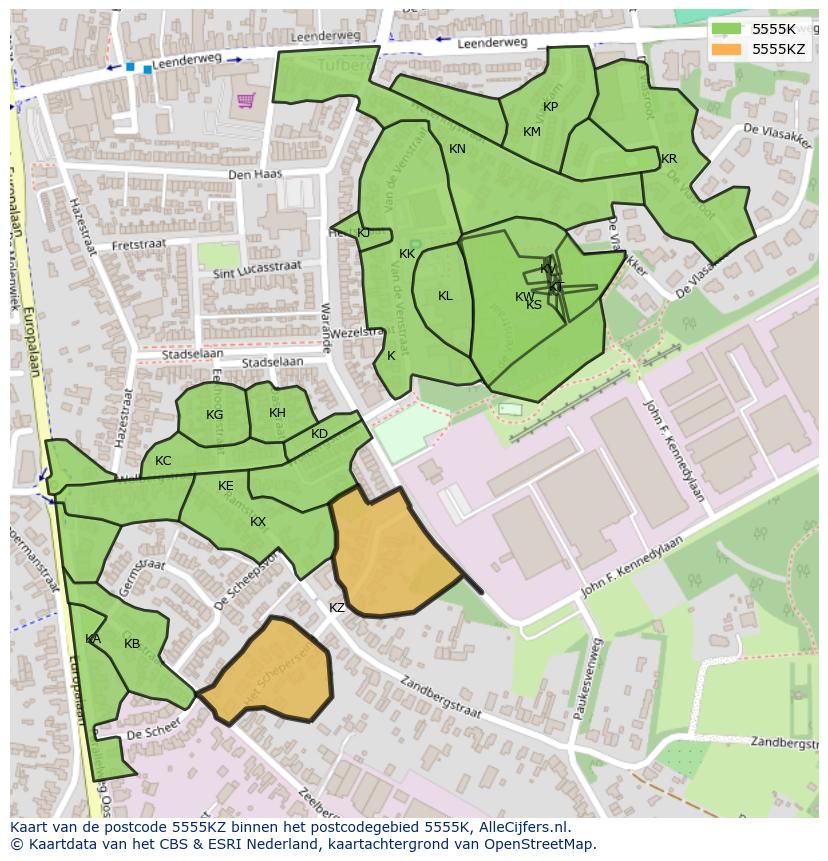 Afbeelding van het postcodegebied 5555 KZ op de kaart.