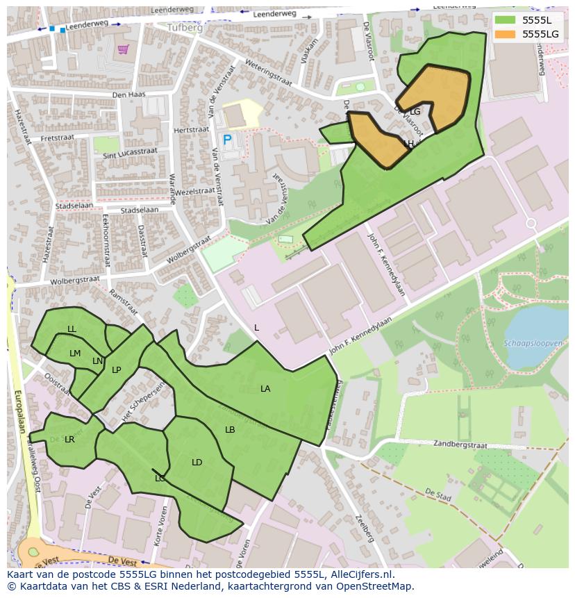 Afbeelding van het postcodegebied 5555 LG op de kaart.