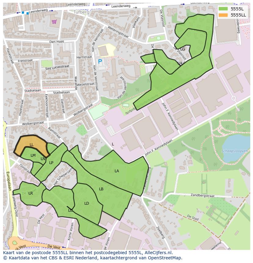 Afbeelding van het postcodegebied 5555 LL op de kaart.
