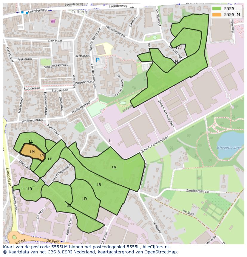 Afbeelding van het postcodegebied 5555 LM op de kaart.
