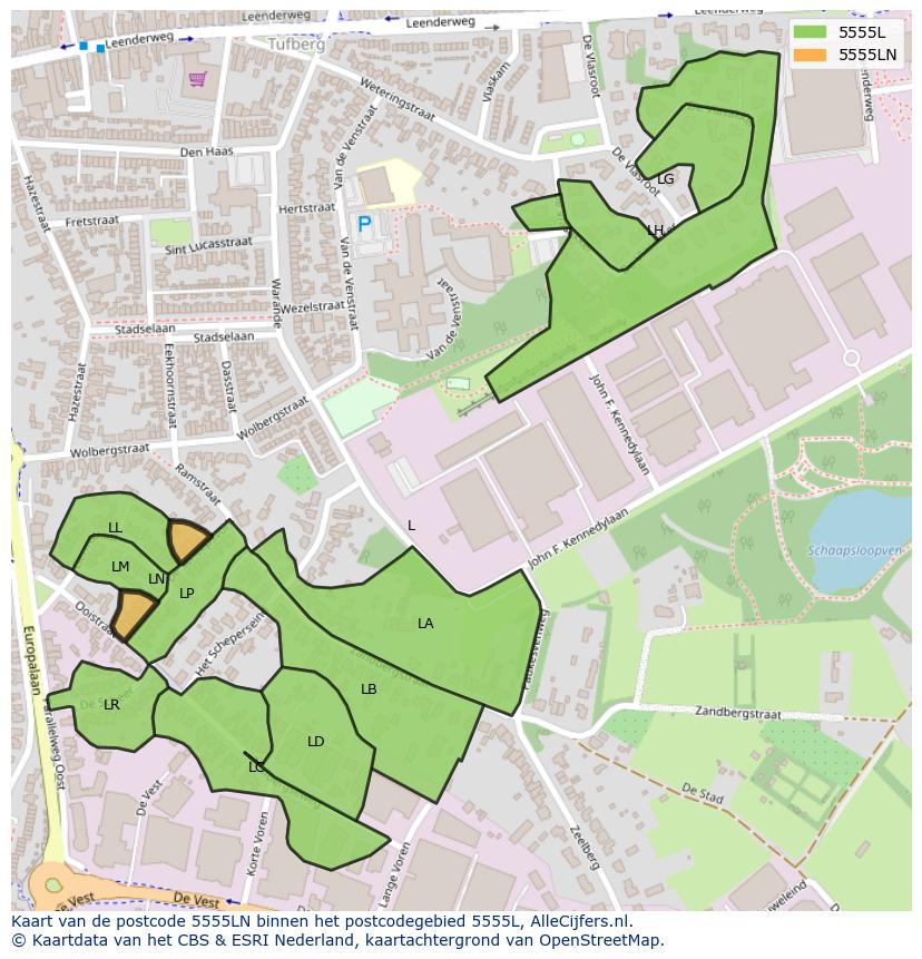 Afbeelding van het postcodegebied 5555 LN op de kaart.