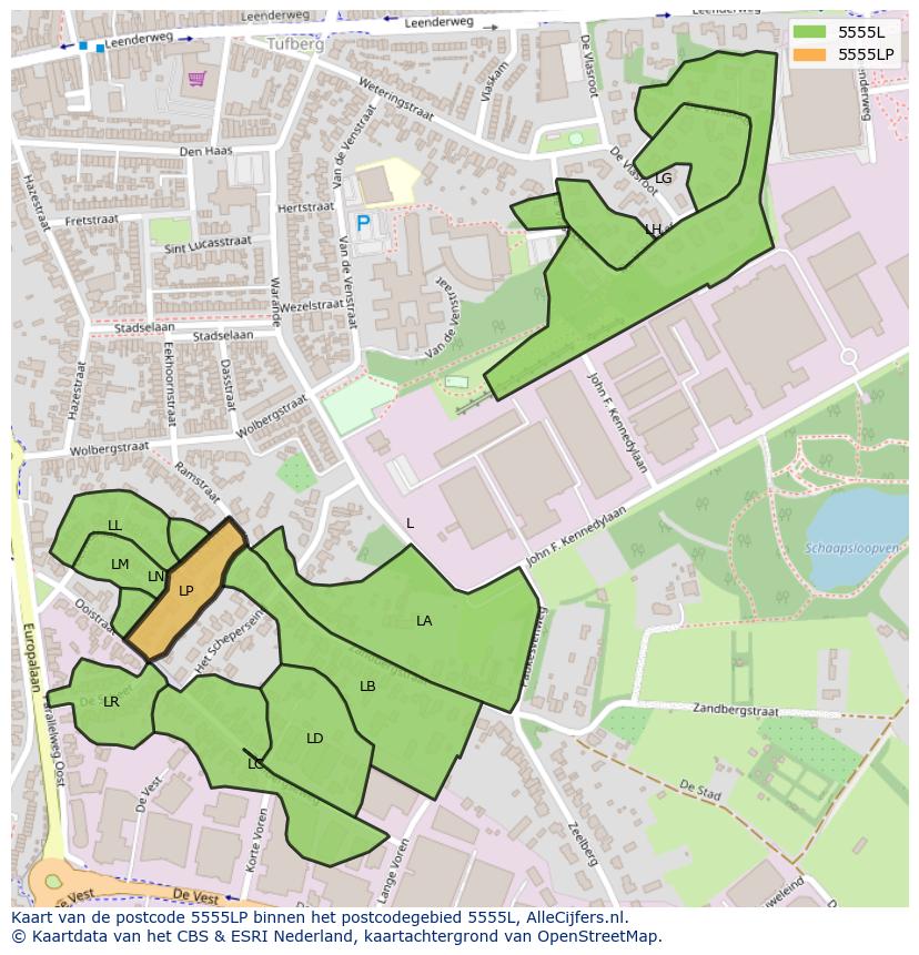 Afbeelding van het postcodegebied 5555 LP op de kaart.