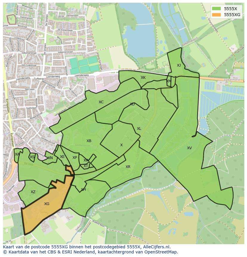 Afbeelding van het postcodegebied 5555 XG op de kaart.