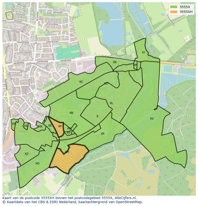 Afbeelding van het postcodegebied 5555 XH op de kaart.
