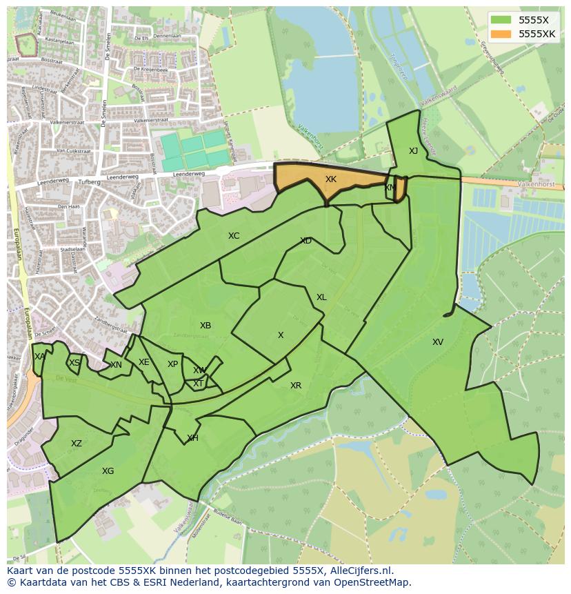 Afbeelding van het postcodegebied 5555 XK op de kaart.