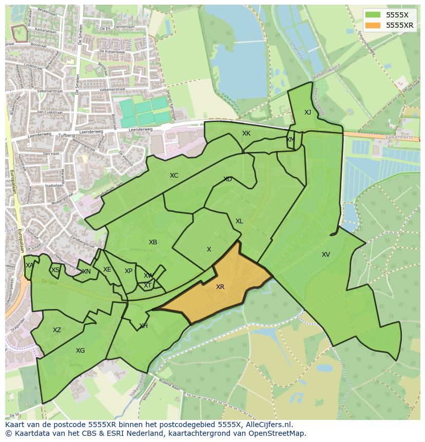 Afbeelding van het postcodegebied 5555 XR op de kaart.