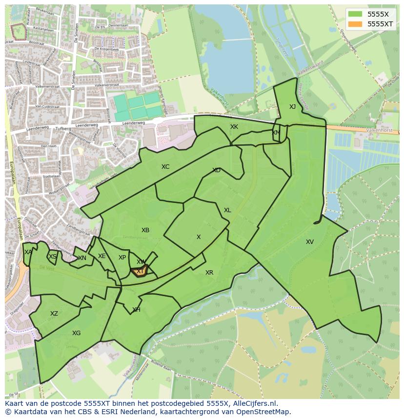 Afbeelding van het postcodegebied 5555 XT op de kaart.