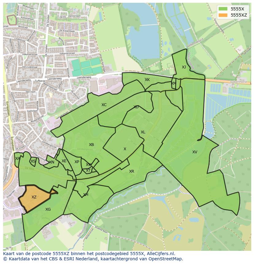 Afbeelding van het postcodegebied 5555 XZ op de kaart.