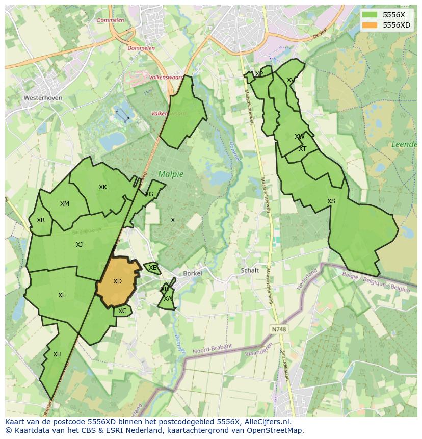 Afbeelding van het postcodegebied 5556 XD op de kaart.