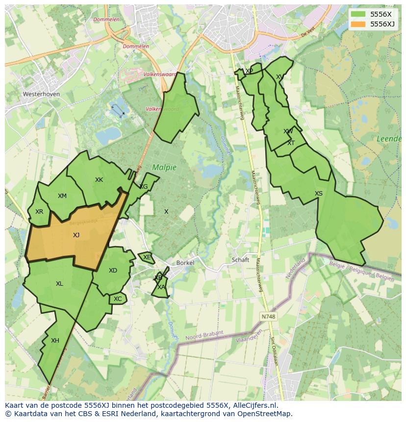 Afbeelding van het postcodegebied 5556 XJ op de kaart.