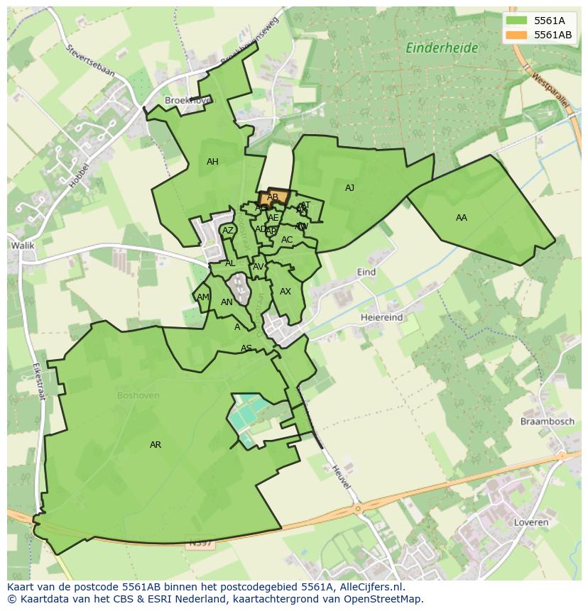 Afbeelding van het postcodegebied 5561 AB op de kaart.