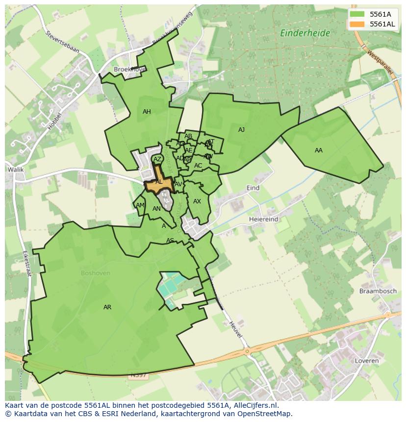 Afbeelding van het postcodegebied 5561 AL op de kaart.