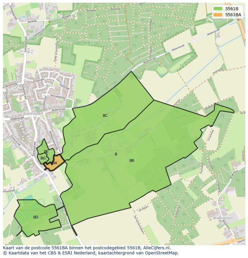 Afbeelding van het postcodegebied 5561 BA op de kaart.