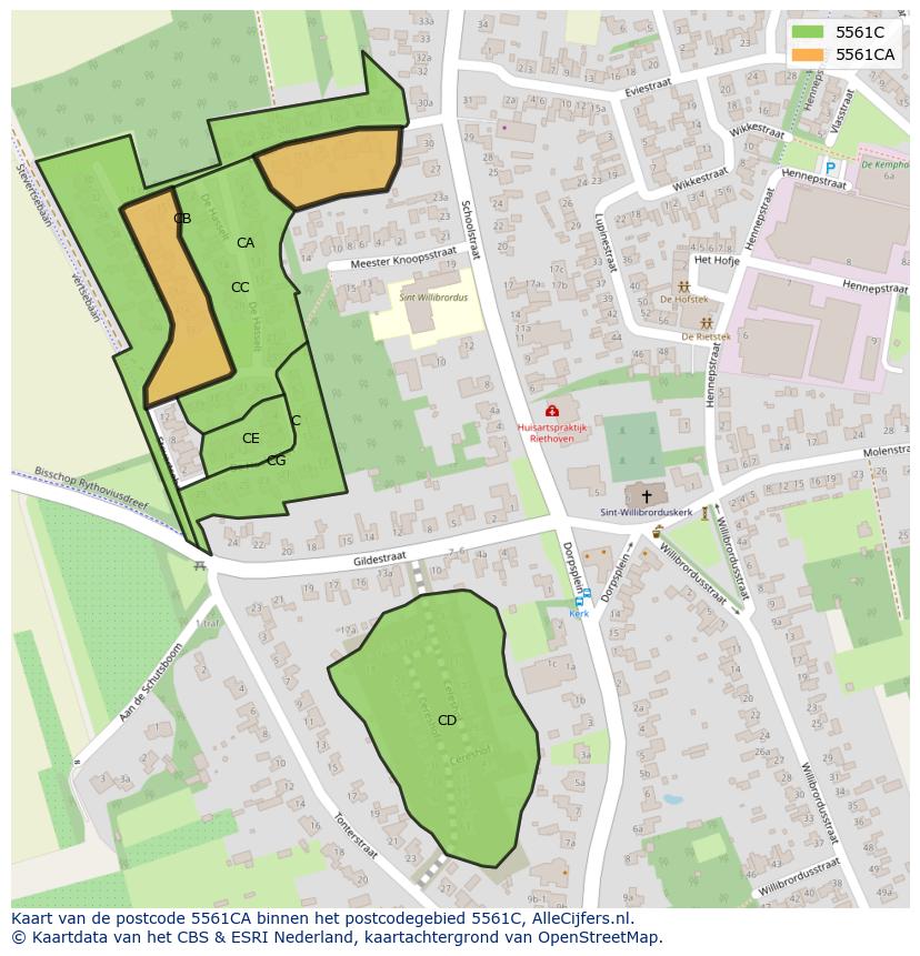 Afbeelding van het postcodegebied 5561 CA op de kaart.