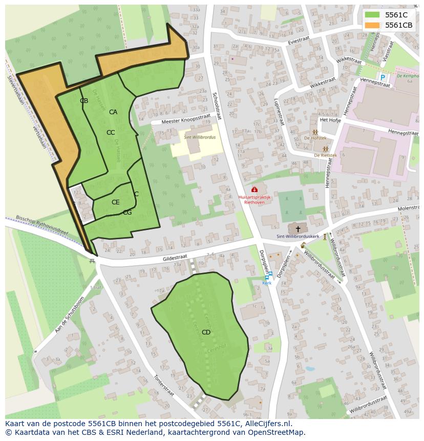 Afbeelding van het postcodegebied 5561 CB op de kaart.