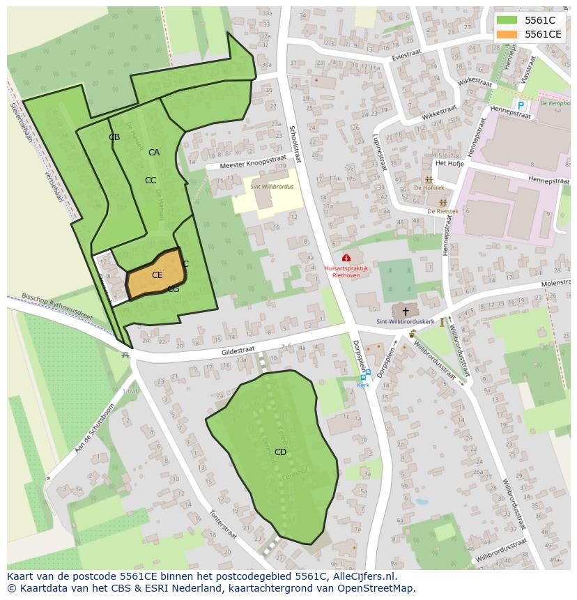 Afbeelding van het postcodegebied 5561 CE op de kaart.