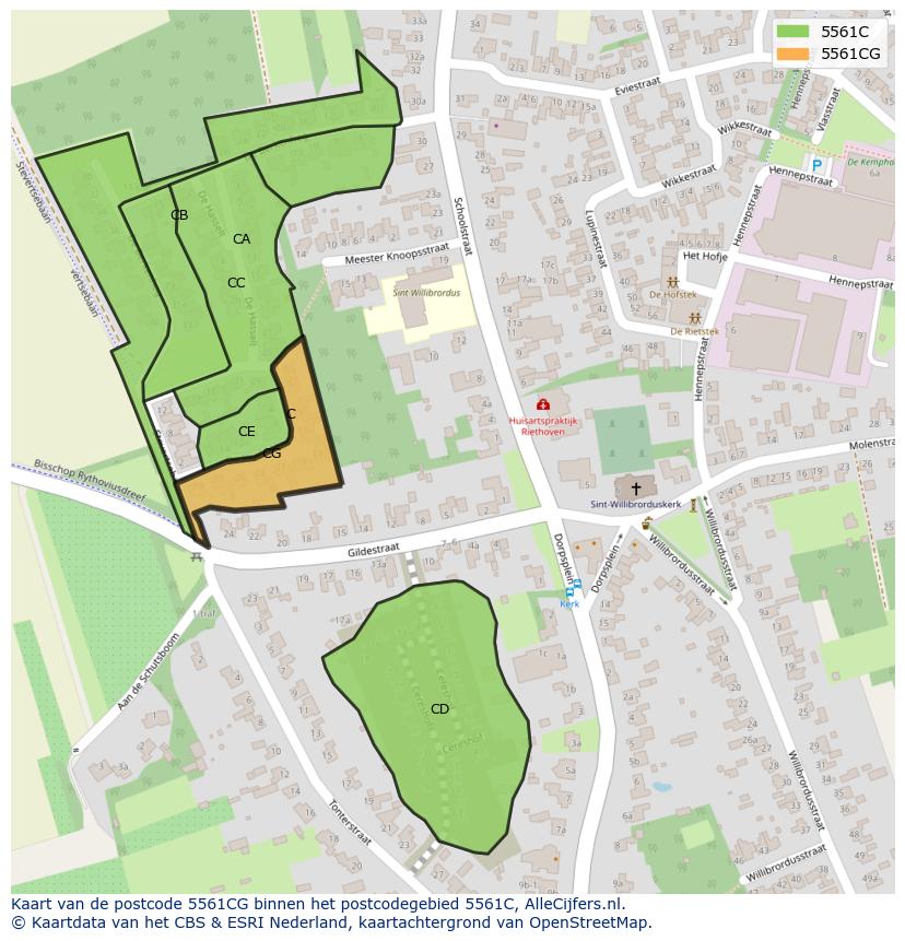 Afbeelding van het postcodegebied 5561 CG op de kaart.