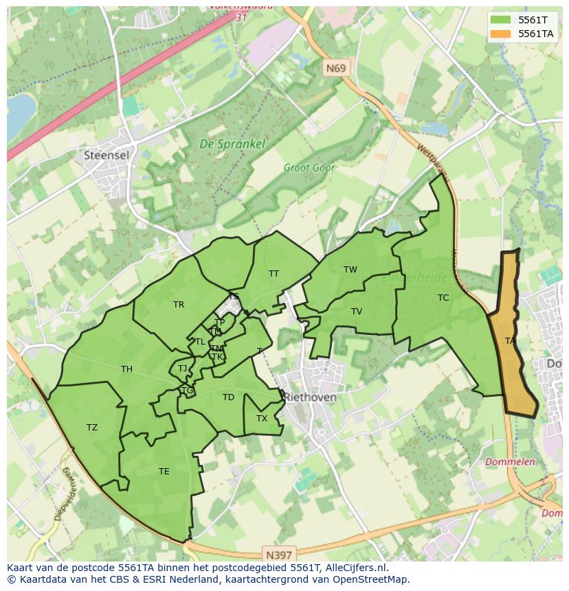 Afbeelding van het postcodegebied 5561 TA op de kaart.
