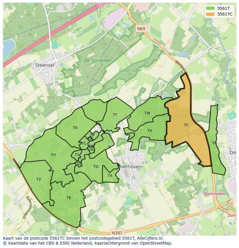 Afbeelding van het postcodegebied 5561 TC op de kaart.