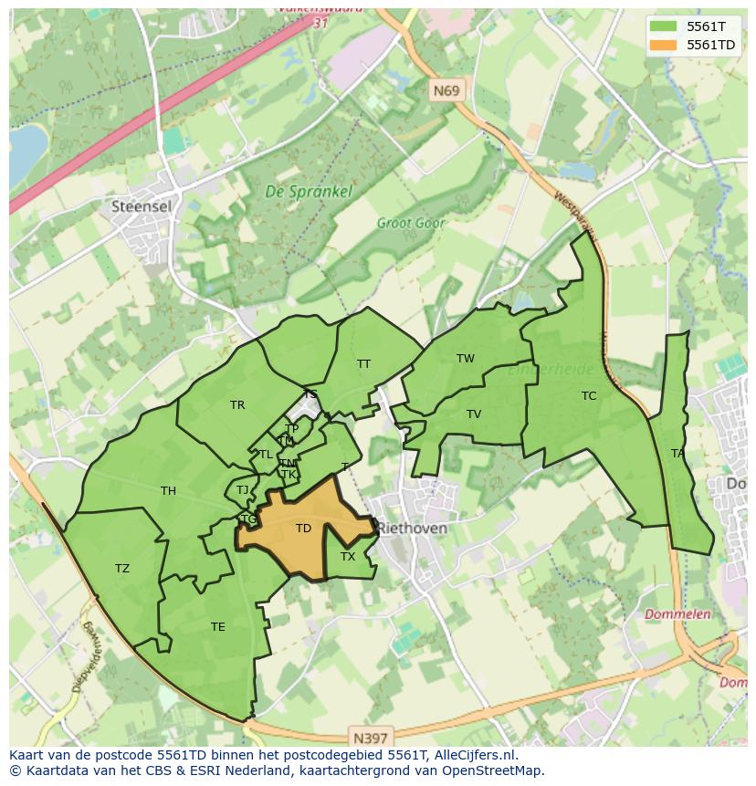 Afbeelding van het postcodegebied 5561 TD op de kaart.