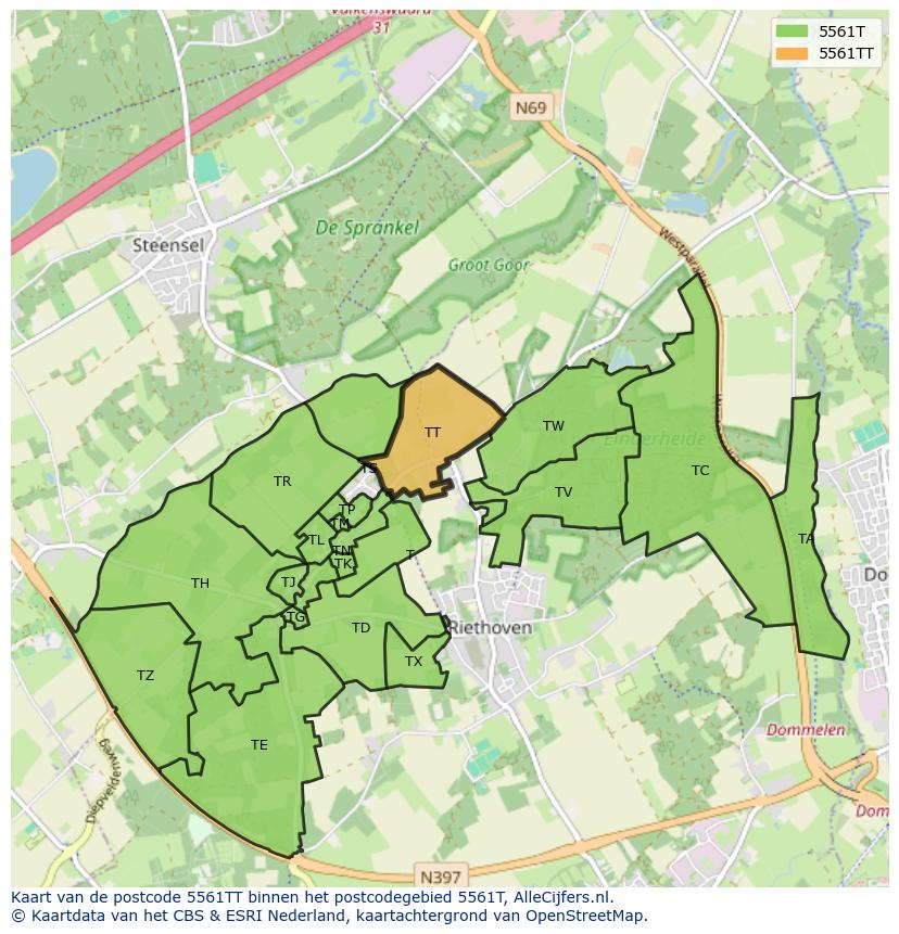 Afbeelding van het postcodegebied 5561 TT op de kaart.