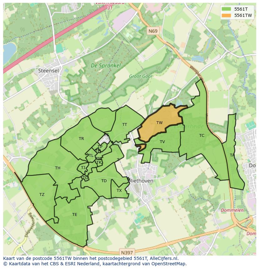 Afbeelding van het postcodegebied 5561 TW op de kaart.