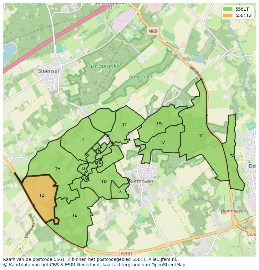 Afbeelding van het postcodegebied 5561 TZ op de kaart.