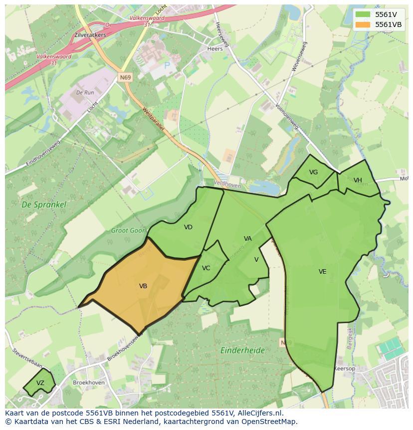 Afbeelding van het postcodegebied 5561 VB op de kaart.