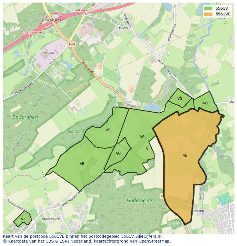 Afbeelding van het postcodegebied 5561 VE op de kaart.