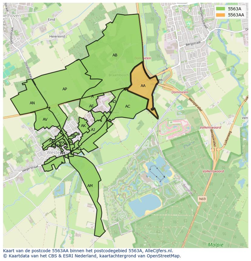 Afbeelding van het postcodegebied 5563 AA op de kaart.