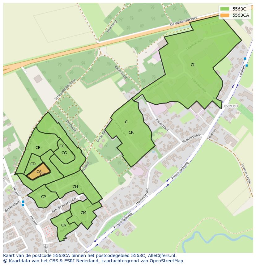 Afbeelding van het postcodegebied 5563 CA op de kaart.
