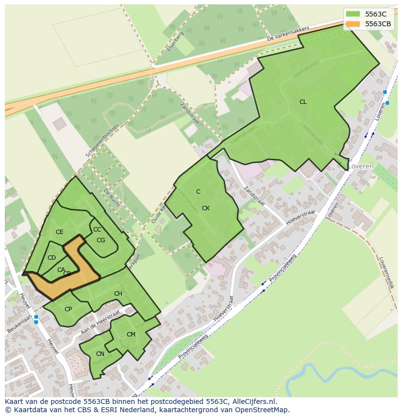 Afbeelding van het postcodegebied 5563 CB op de kaart.
