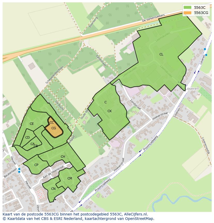 Afbeelding van het postcodegebied 5563 CG op de kaart.