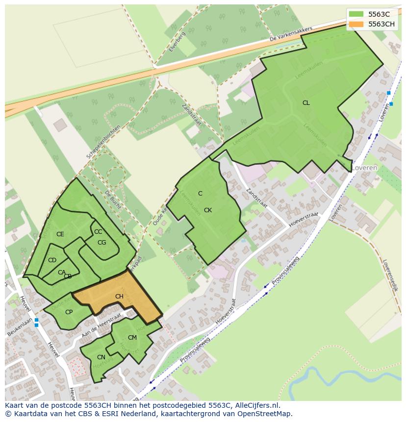 Afbeelding van het postcodegebied 5563 CH op de kaart.
