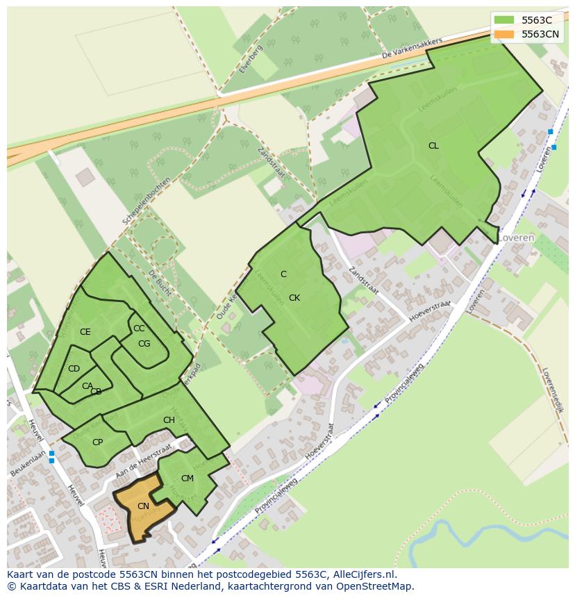 Afbeelding van het postcodegebied 5563 CN op de kaart.