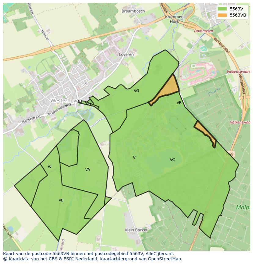 Afbeelding van het postcodegebied 5563 VB op de kaart.