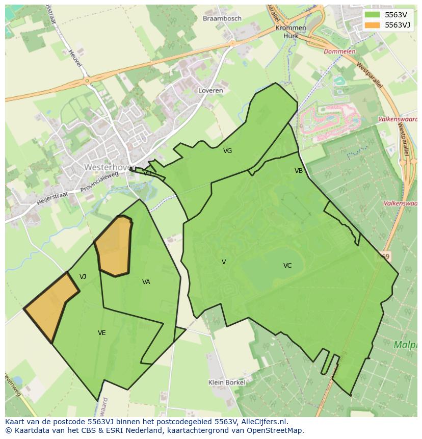 Afbeelding van het postcodegebied 5563 VJ op de kaart.