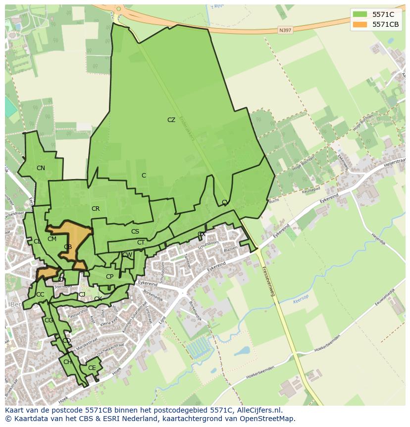 Afbeelding van het postcodegebied 5571 CB op de kaart.