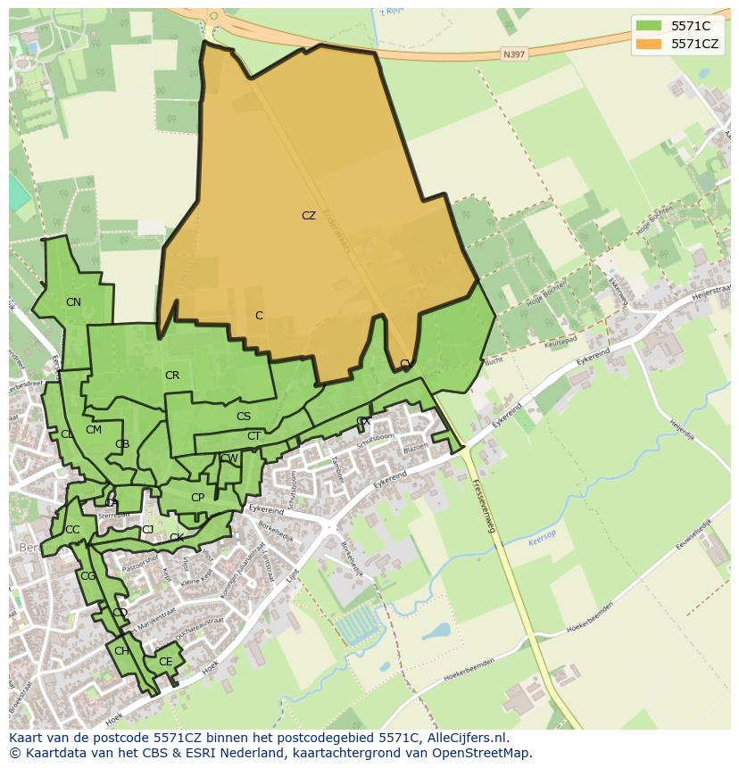 Afbeelding van het postcodegebied 5571 CZ op de kaart.