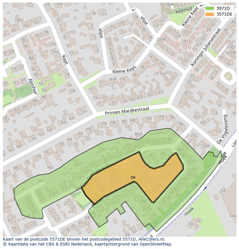 Afbeelding van het postcodegebied 5571 DE op de kaart.