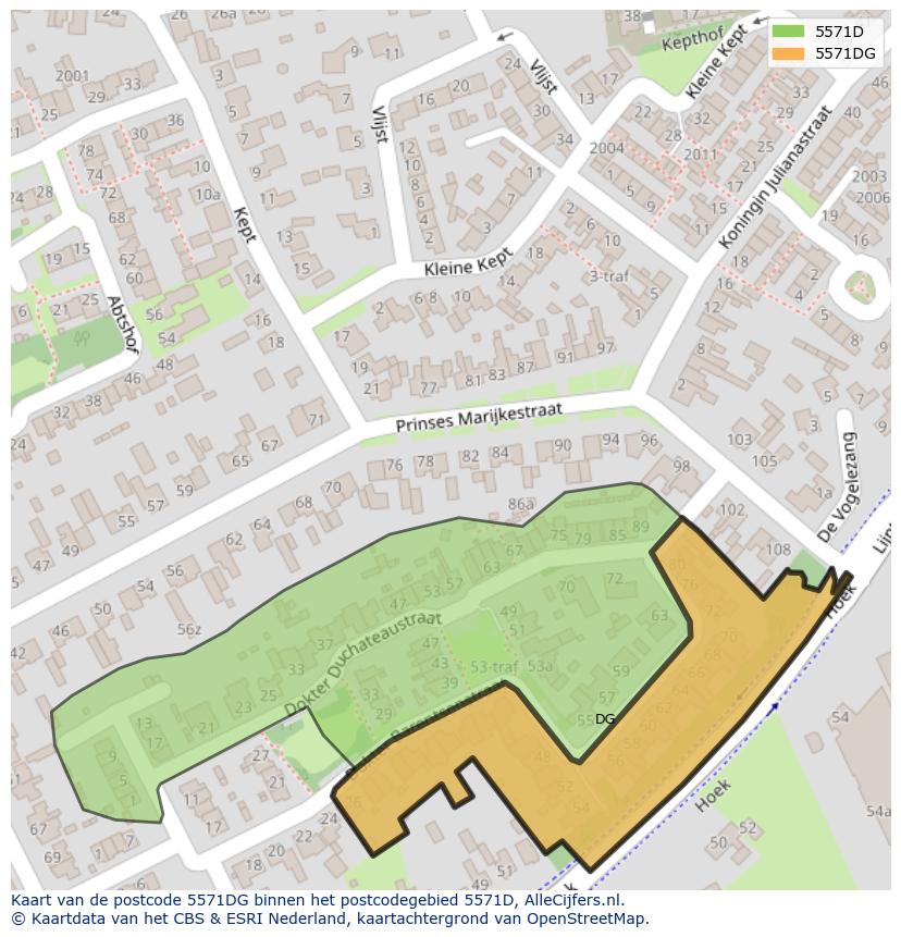 Afbeelding van het postcodegebied 5571 DG op de kaart.