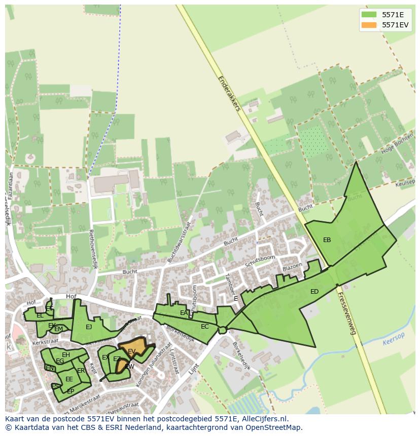 Afbeelding van het postcodegebied 5571 EV op de kaart.