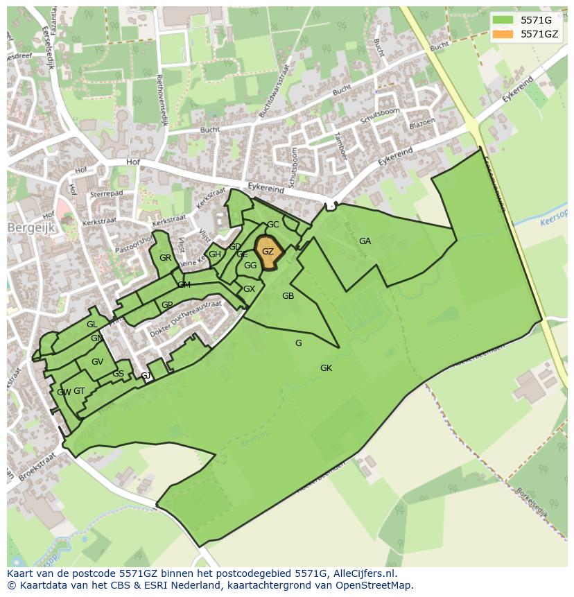 Afbeelding van het postcodegebied 5571 GZ op de kaart.