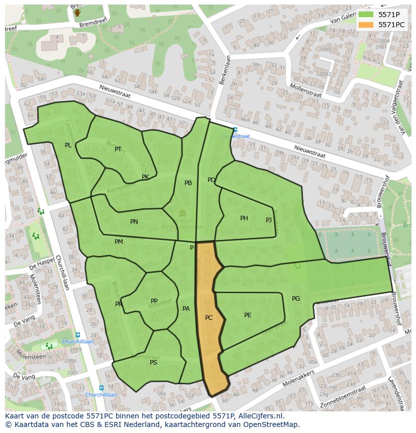 Afbeelding van het postcodegebied 5571 PC op de kaart.