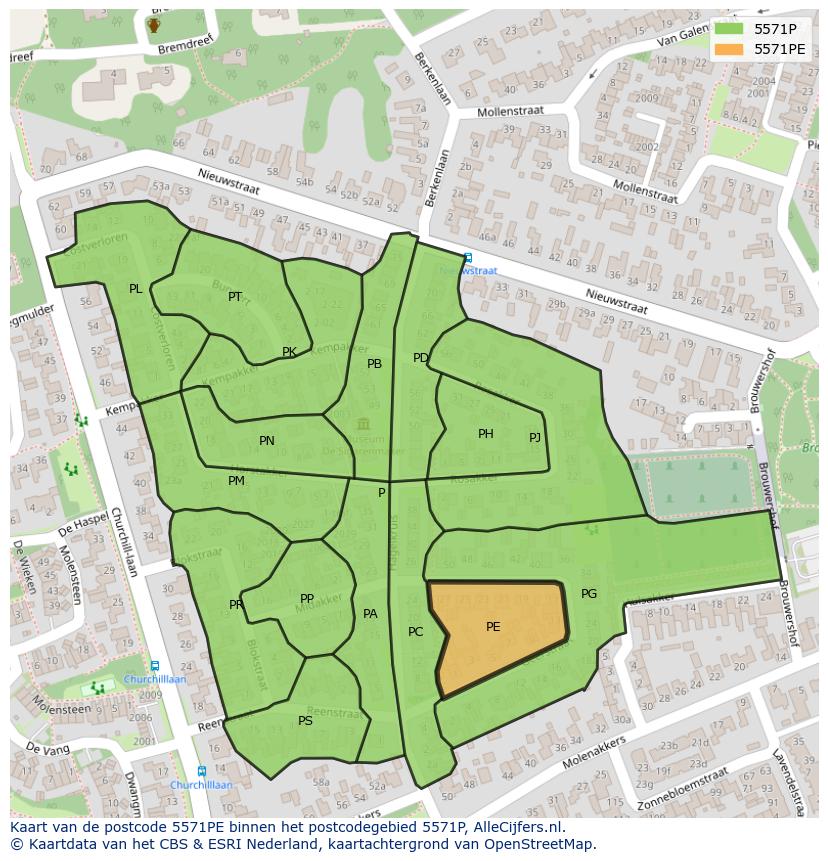 Afbeelding van het postcodegebied 5571 PE op de kaart.